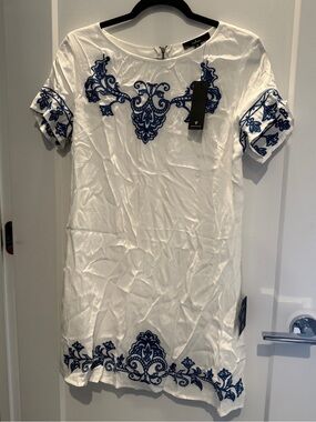 Lulu's White Mini Dress with Blue Embroidered Trim